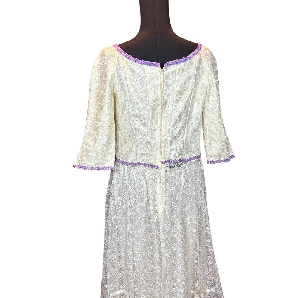 Vintage Cream Lace Purple Trim Fairycore Cottagecore Romantic Boho Prairie Dress - Picture 6 of 6